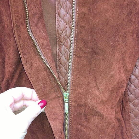 Isaac Mizrahi Women's 22W Suede Leather Moto Jacket Brown Rust Quilted Zip Up - Picture 6 of 15